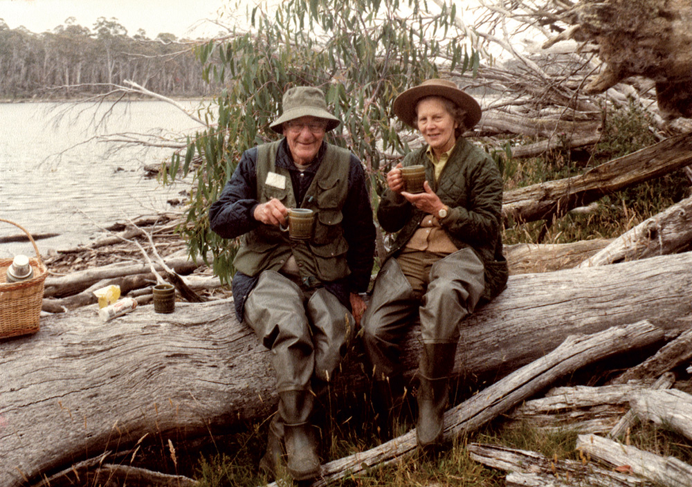 Sir Vincent and Lady Nancy Fairfax fly-fishing at London-Lakes, Tasmania